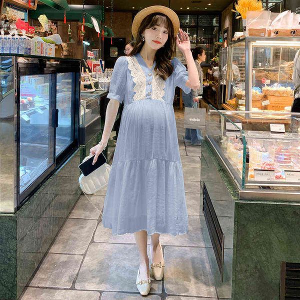 blue white summer maternity clothes sweet lace patchwork button fly vneck pregnant women dress with lining princess dress cute j220628
blue white summer maternity clothes sweet lace patchwork button fly vneck pregnant women dress with lining princess dress cute j220628