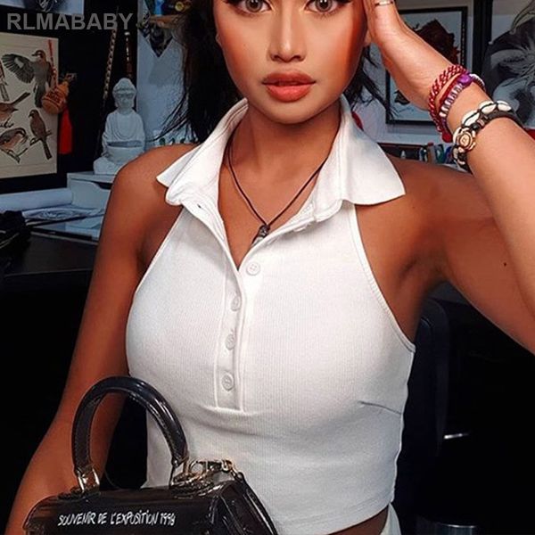halter button women black tank turn-down collar sleeveless backless cropped knitted ribbed summer white vest, Black;white
halter button women black tank turn-down collar sleeveless backless cropped knitted ribbed summer white vest, Black;white