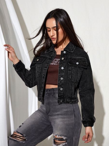 flap pocket button front drop shoulder denim jacket v8ki#, Black;brown 
flap pocket button front drop shoulder denim jacket v8ki#, Black;brown