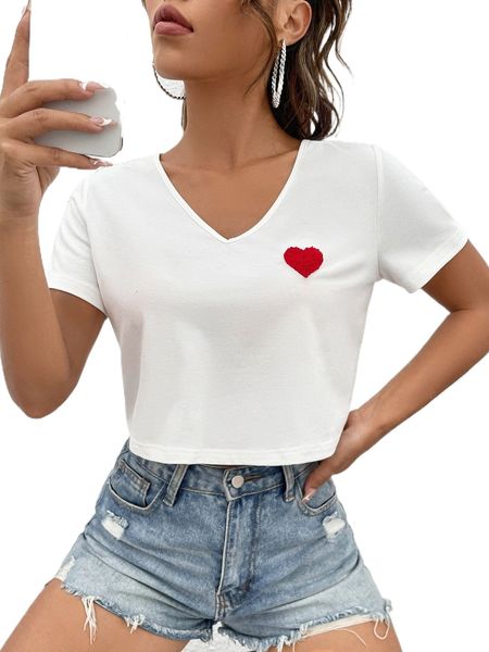 heart pattern v neck tee a8wc#, White 
heart pattern v neck tee a8wc#, White