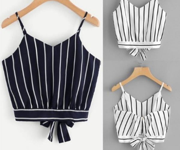 women's summer knot striped split tie backless cropped camisole casual face bow, White
women's summer knot striped split tie backless cropped camisole casual face bow, White