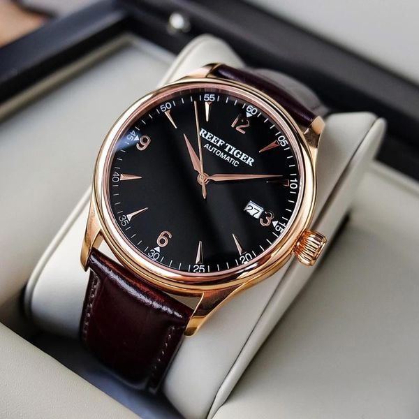 wristwatches reef tiger/rt brand men's automatic mechanical watches rose gold tone watch black leather band waterproof wrist, Slivery;brown
wristwatches reef tiger/rt brand men's automatic mechanical watches rose gold tone watch black leather band waterproof wrist, Slivery;brown