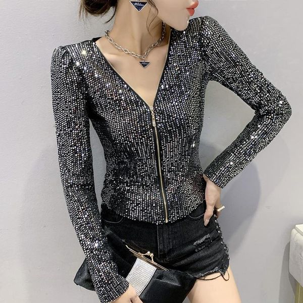 women's t-shirt 2022 spring women t shirt v neck sequined mesh casual long-sleeved zipper cardigan, White
women's t-shirt 2022 spring women t shirt v neck sequined mesh casual long-sleeved zipper cardigan, White