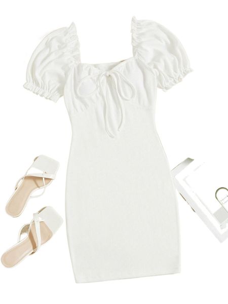 sweetheart neck puff sleeve knot front frill trim bodycon dress a4lt#, Black;gray
sweetheart neck puff sleeve knot front frill trim bodycon dress a4lt#, Black;gray