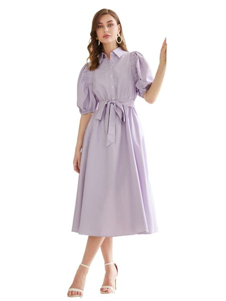 puff sleeve belted shirt dress w7pt#, Black;gray 
puff sleeve belted shirt dress w7pt#, Black;gray