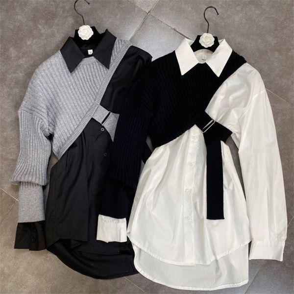 deat 2020 autumn new arrivals long sleeve turn down collar shirt single sleeve knitted short two piece set women lj201120, White
deat 2020 autumn new arrivals long sleeve turn down collar shirt single sleeve knitted short two piece set women lj201120, White