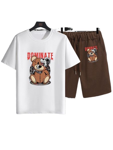 men letter & cartoon graphic tee & shorts l5sj#, Gray