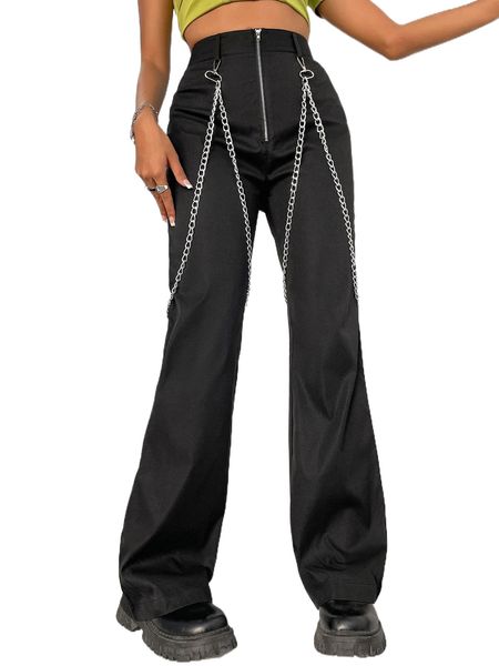 zipper front chain flare leg pants c0ln#, Black;white