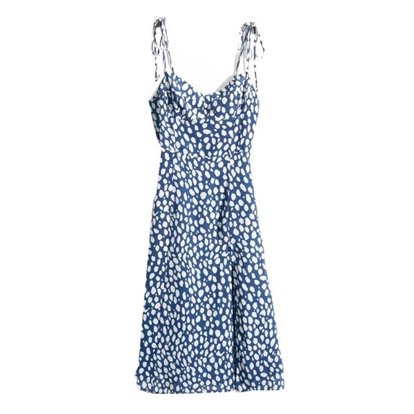 french style blue white dot print adjust spaghetti strap dress retro women sling slit dresses vestido 220511, Black;gray