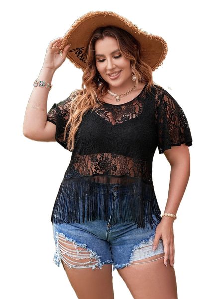plus fringe hem butterfly sleeve sheer lace o8lf#, Black