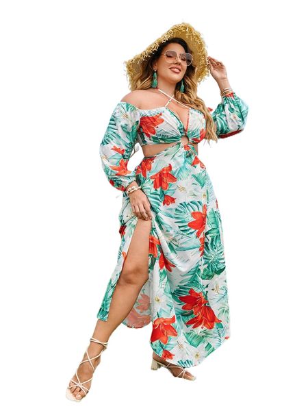 plus tropical print halter neck lantern sleeve shirred slit thigh dress i8az#, Black
plus tropical print halter neck lantern sleeve shirred slit thigh dress i8az#, Black