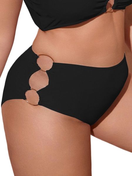 plus ring linked cut out high waist bikini bottom p8xo#, Black