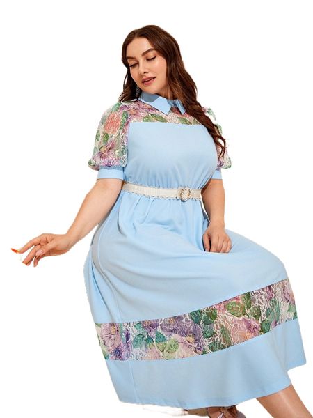 plus floral print contrast lace puff sleeve dress without belt x1g9#, Black
plus floral print contrast lace puff sleeve dress without belt x1g9#, Black