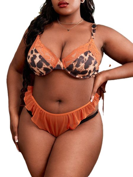 plus leopard print contrast lace ruffle underwire lingerie set without liner 24jq#, Black;white
plus leopard print contrast lace ruffle underwire lingerie set without liner 24jq#, Black;white