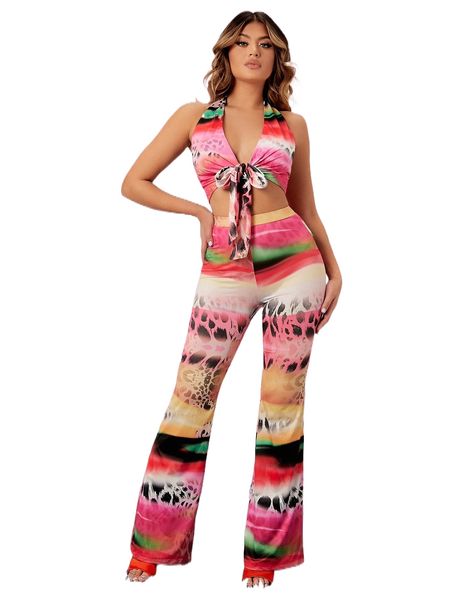 sxy backless knot detail animal mixed halter & pants l6hs#, White