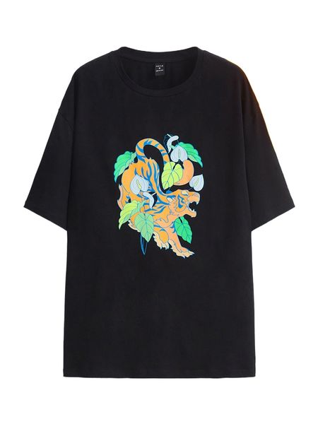 x ricci gertz men leaf & animal print drop shoulder tee 31nq#, White;black