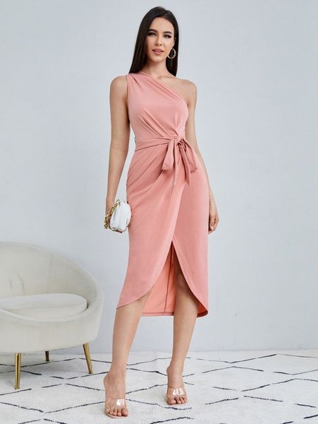one shoulder tulip hem belted dress f83o#, Black;gray