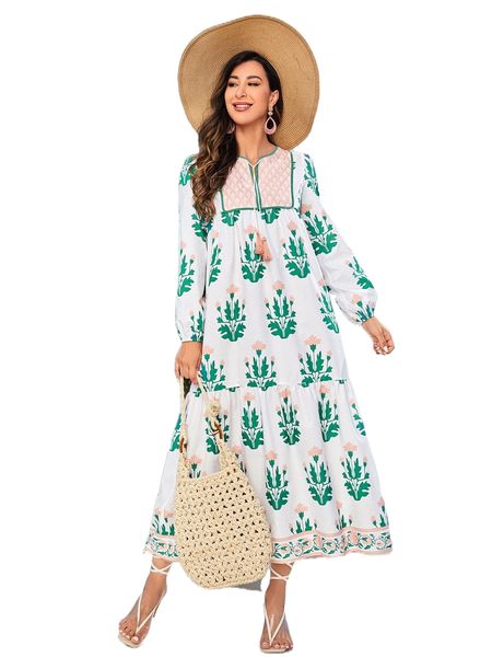 floral print tassel tie neck lantern sleeve ruffle hem dress q66d#, Black;gray
floral print tassel tie neck lantern sleeve ruffle hem dress q66d#, Black;gray