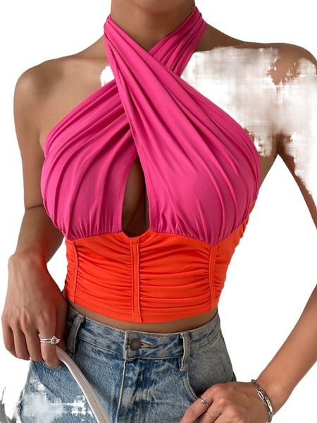 two tone ruched crisscross front backless halter w1yx#, White 
two tone ruched crisscross front backless halter w1yx#, White