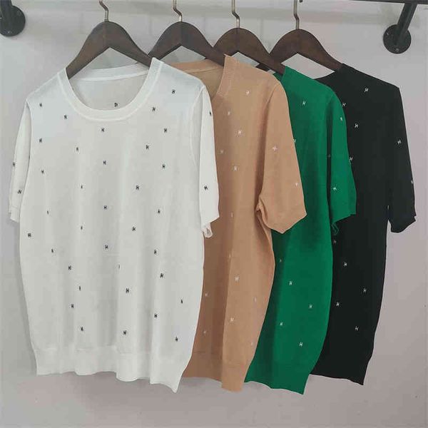 women's knits tees foreign style comfortable loose body jacquard small h letter silk round neck short sleeved t-shirt women's seas, White
women's knits tees foreign style comfortable loose body jacquard small h letter silk round neck short sleeved t-shirt women's seas, White