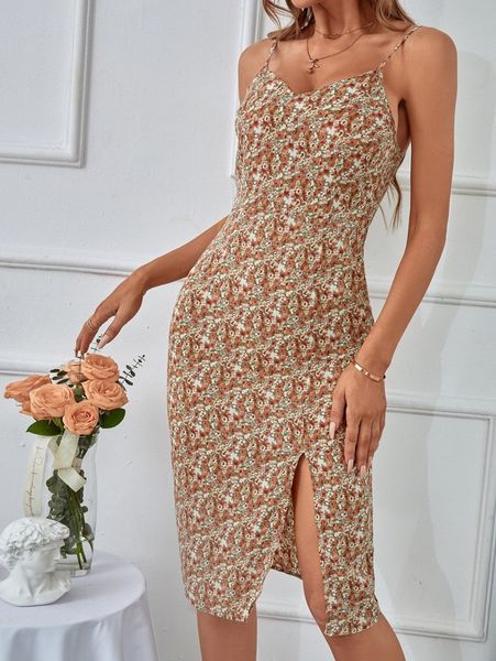 ditsy floral split thigh cami dress 83jj#, Black;gray