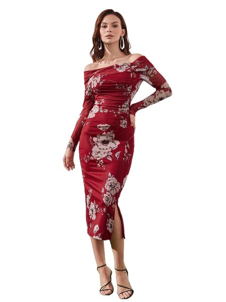 asymmetrical neck floral print split hem ruched side mesh bodycon dress r9p6#, Black;gray
asymmetrical neck floral print split hem ruched side mesh bodycon dress r9p6#, Black;gray