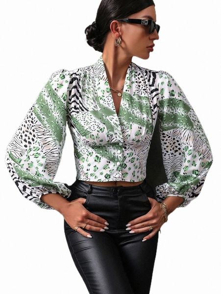allover print lantern sleeve crop blouse 48j9#, White