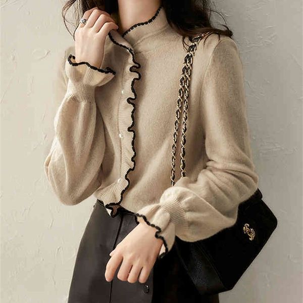 jxmyy autumn simple and elegant knitted cardigan with wood ears thin and gentle and sweet 210412, White;black
jxmyy autumn simple and elegant knitted cardigan with wood ears thin and gentle and sweet 210412, White;black