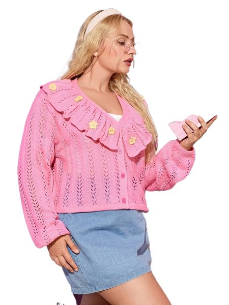 plus appliques ruffle trim pointelle knit cardigan o2cn#, Black