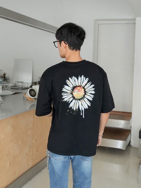 men drop shoulder floral print tee s6tg#, White;black 
men drop shoulder floral print tee s6tg#, White;black