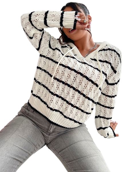 plus stripe pattern drop shoulder drawstring hooded pointelle knit sweater t6i2#, Black
plus stripe pattern drop shoulder drawstring hooded pointelle knit sweater t6i2#, Black