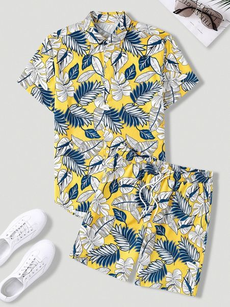 men random tropical print shirt & drawstring waist shorts t9du#, Gray 
men random tropical print shirt & drawstring waist shorts t9du#, Gray