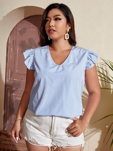 plus stripe ruffle sleeve blouse t8k3#, Black
plus stripe ruffle sleeve blouse t8k3#, Black