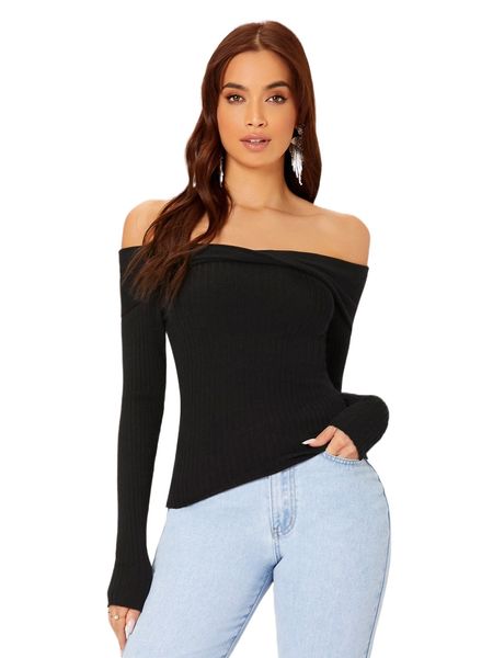 off shoulder rib-knit w9ou#, White;black