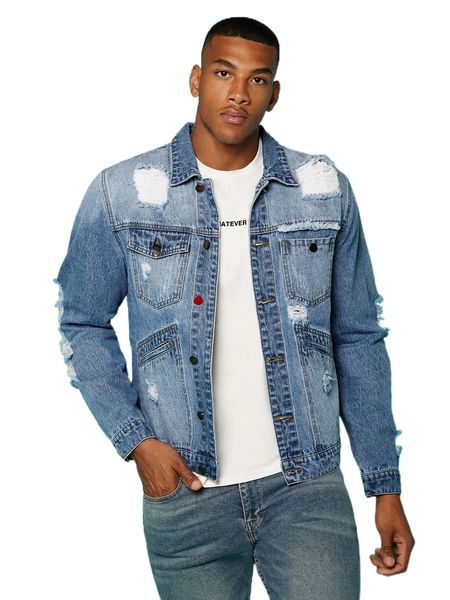 men ripped frayed flap pocket denim jacket k2eh#, Black;brown
men ripped frayed flap pocket denim jacket k2eh#, Black;brown