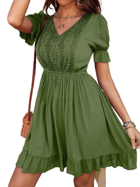 lace insert v neck flounce hem dress u4uc#, Black;gray
lace insert v neck flounce hem dress u4uc#, Black;gray