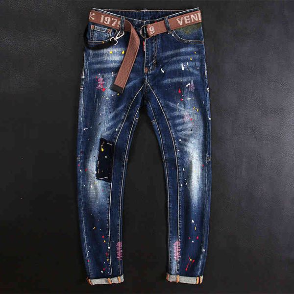 men's jeans high street fashion brand personalized paint point jeans men's elastic slim fit feet patch pants vwc1, Blue
men's jeans high street fashion brand personalized paint point jeans men's elastic slim fit feet patch pants vwc1, Blue