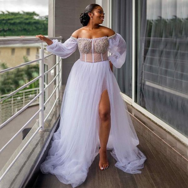 chic beaded plus size wedding dresses off the shoulder bridal gowns side split long sleeves a line sweep train tulle vestido de novia, White
chic beaded plus size wedding dresses off the shoulder bridal gowns side split long sleeves a line sweep train tulle vestido de novia, White