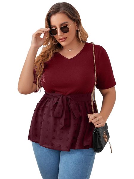 plus swiss dot peplum hem belted tee z15e#, Black