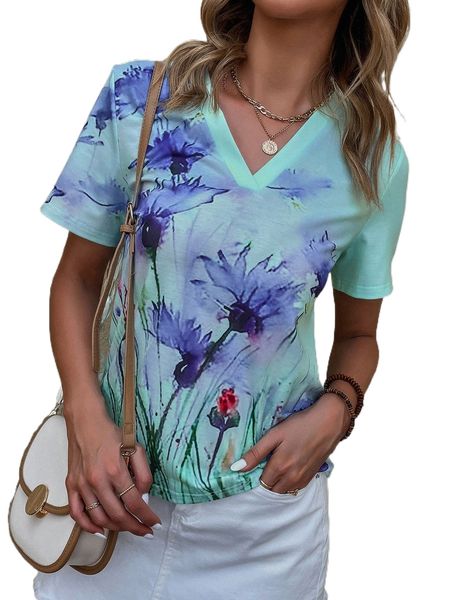 floral print v neck tee 77sx#, White
floral print v neck tee 77sx#, White