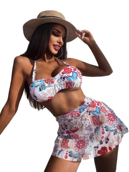 3pack floral print halter bikini swimsuit & beach skirt 57qp#, White;black
3pack floral print halter bikini swimsuit & beach skirt 57qp#, White;black