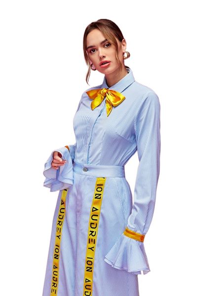 x audrey ion tie neck flounce sleeve striped blouse s4sc#, White 
x audrey ion tie neck flounce sleeve striped blouse s4sc#, White
