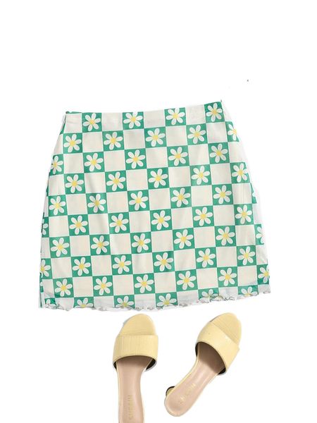 floral allover print lettuce trim skirt e8lm#, Black