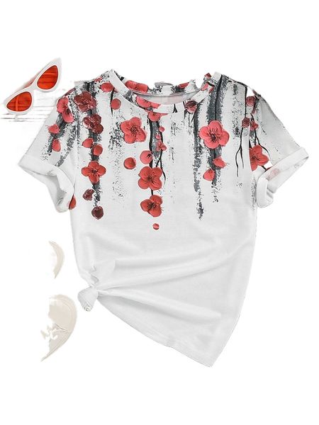 floral print round neck tee x7gq#, White