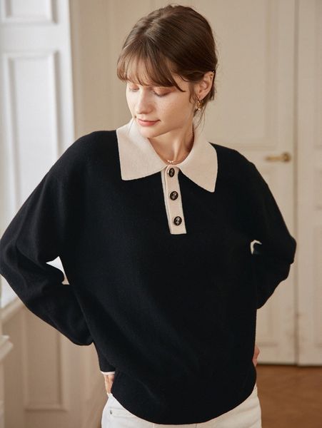 simple retro drop shoulder contrast half button placket collar sweater 90l2#, White;black
simple retro drop shoulder contrast half button placket collar sweater 90l2#, White;black