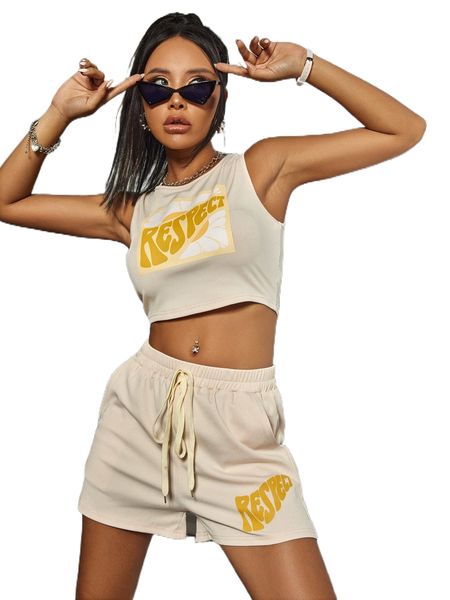l.etter graphic tank & track s.horts k9ty#, White