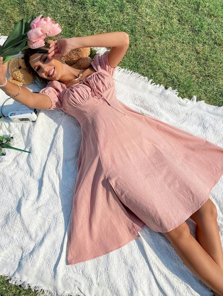 puff sleeve knot front ruched bust split thigh dress e10i#, Black;gray 
puff sleeve knot front ruched bust split thigh dress e10i#, Black;gray