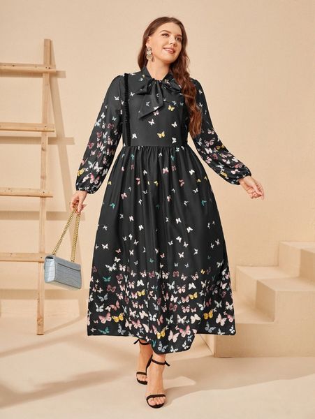 plus butterfly print frill trim tie neck smock dress c2lf#, Black