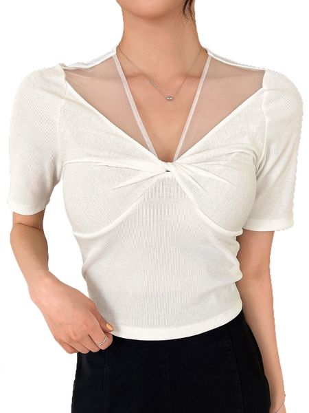 dazy contrast mesh twist front tee 32jt#, White
dazy contrast mesh twist front tee 32jt#, White