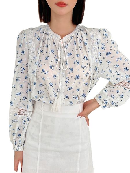 dazy ditsy floral print tassel tie neck contrast lace blouse s5ky#, White
dazy ditsy floral print tassel tie neck contrast lace blouse s5ky#, White